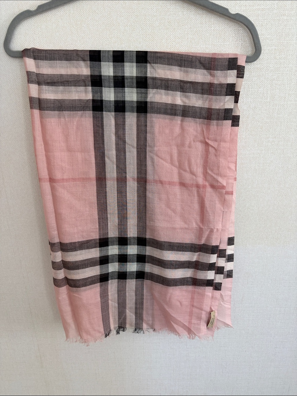 Burberry Pink Plaid Lightweight Fringe Scarf